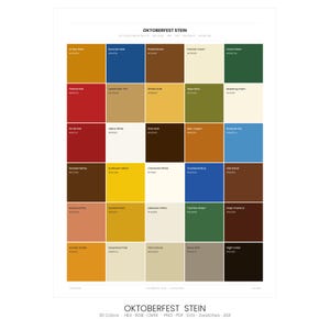 Può includere: Una tavolozza di colori intitolata "Oktoberfest Stein" con 30 campioni di colore. Ogni campione è di un colore diverso, tra cui tonalità di giallo, marrone, blu, verde e rosso. La tavolozza include i nomi dei colori e i relativi codici esadecimali.