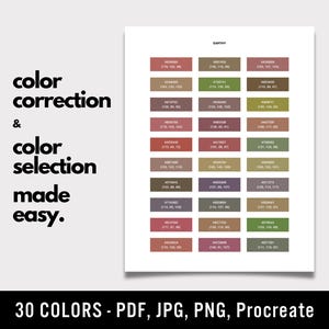 Może przedstawiać: Wydruk z próbkami kolorów oznaczonymi "Earthy" z kodami kolorów. Tekst "color correction & color selection made easy" znajduje się po lewej stronie. U dołu znajduje się tekst "30 COLORS - PDF, JPG, PNG, Procreate."