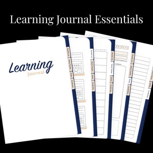 May include: A set of six printable pages for a learning journal. The pages are white with black lines and text. The pages are labeled "Bucket List", "Yearly Tracker", "Notes", and "Vocabulary".