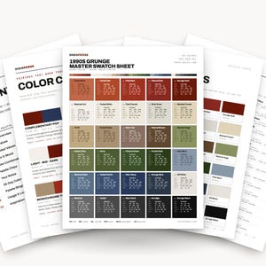 May include: A 1990s grunge master swatch sheet featuring a grid of 30 distinct colour blocks with corresponding HEX, RGB, HSL, and CMYK values. The document includes text headers, colour names, and technical data for a colour palette reference guide.
