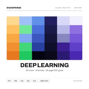Puede incluir: Una paleta de colores digital titulada DEEP LEARNING de DIGISPERSE, que presenta una cuadrícula de 30 muestras de color distintas en tonos naranja, verde, azul y morado. El texto incluye 30 colores, 6 formatos, una guía PDF de 28 páginas y los tipos de archivo PDF, PNG, SVG, ASE, ACO y .SWATCHES.