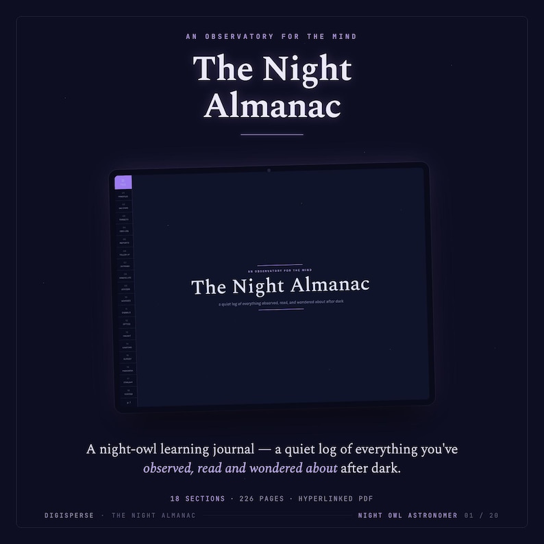 May include: A digital learning journal titled The Night Almanac, an observatory for the mind. The dark interface features 18 sections, 226 pages, and a hyperlinked PDF format. Text includes A night-owl learning journal, a quiet log of everything you've observed, read and wondered about after dark, and Digisperse.
