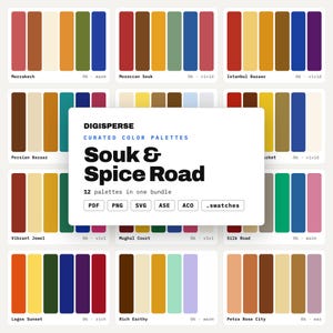 May include: A digital collection of 12 curated color palettes titled Souk & Spice Road by Digisperse. The image displays various rectangular swatches featuring diverse color combinations, including file formats PDF, PNG, SVG, ASE, ACO, and .swatches.