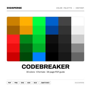 May include: A digital colour palette chart titled DIGISPERSE CODEBREAKER featuring a grid of 30 coloured squares in shades of orange, green, blue, black, grey, and white. The text includes 30 colours, 6 formats, 28-page PDF guide, and file types PDF, PNG, SVG, ASE, ACO, and .SWATCHES.