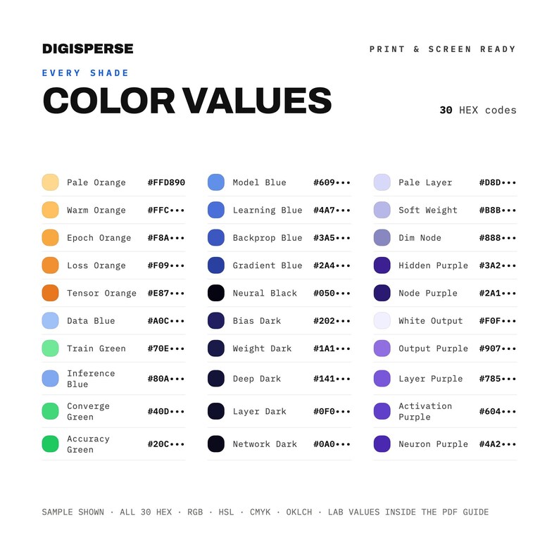 Deep Learning Color Palette | 30 Colors | Hex RGB CMYK | Color Guide ...