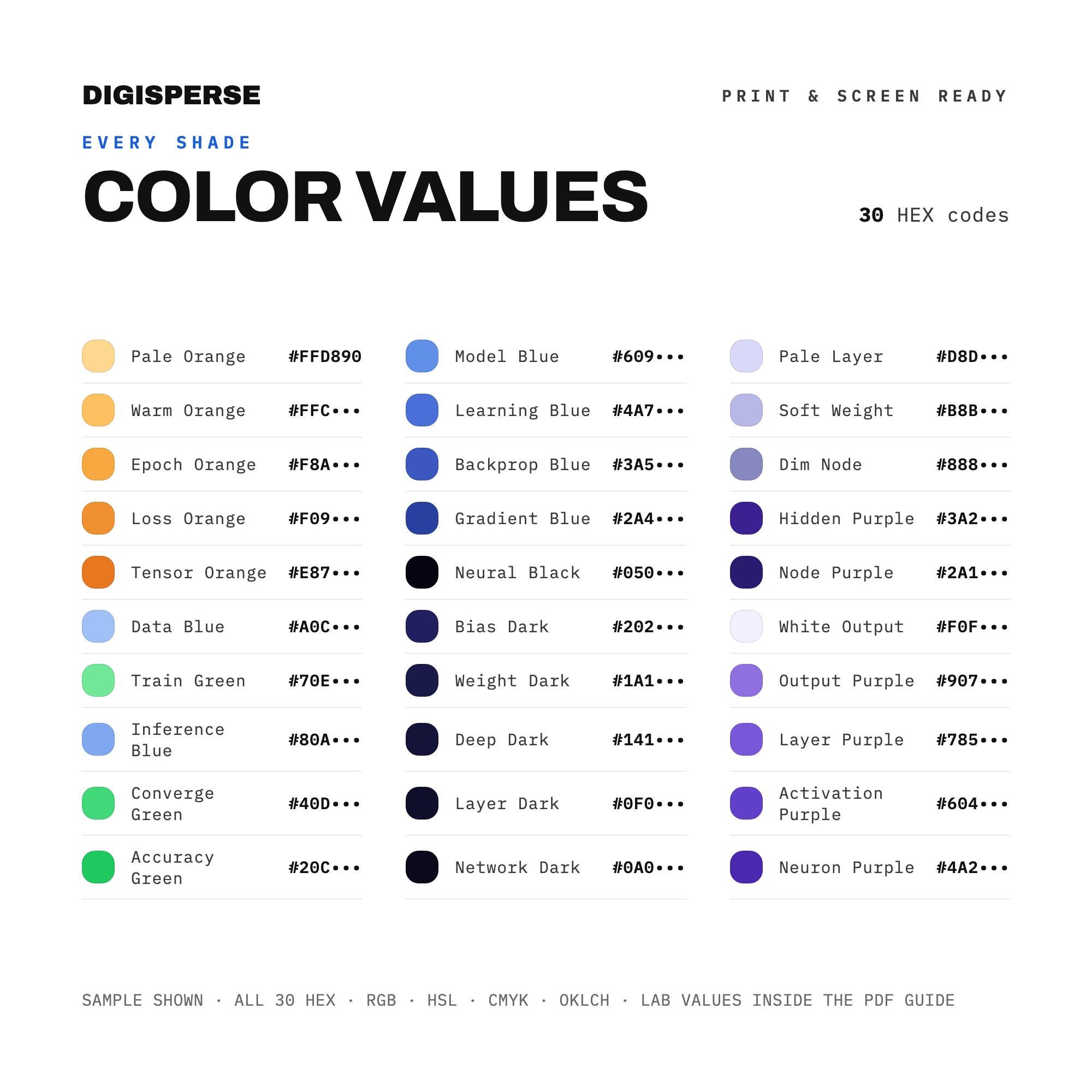 Deep Learning Color Palette | 30 Colors | Hex RGB CMYK | Color Guide ...