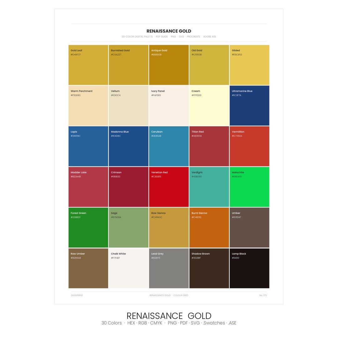 Solid Soft Renaissance Colour Renaissance Gold Color Palette | 30 Colors | Hex RGB CMYK | Color Guide ...