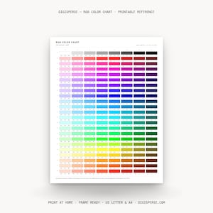 May include: A printable RGB color chart reference sheet titled DIGISPERSE with a grid of color swatches ranging from white to black and various hues. The document includes text labels for RGB color values and is formatted for US Letter and A4 paper.