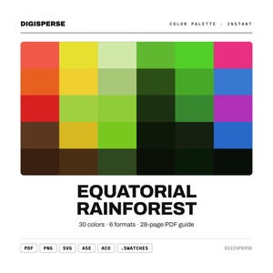 Puede incluir: Una paleta de colores digital titulada Equatorial Rainforest de Digisperse, que presenta una cuadrícula de 30 cuadrados en tonos rojo, naranja, amarillo, verde, azul, morado y negro. El texto incluye 30 colores, 6 formatos y una guía PDF de 28 páginas.