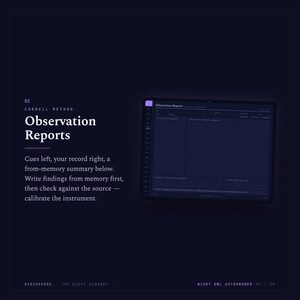 May include: A dark blue digital tablet displaying a Cornell Method observation report template with sections for cues, records, and summaries. The text reads 01 CORNELL METHOD Observation Reports, Cues left, your record right, a from-memory summary below.