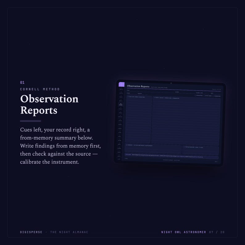 May include: A dark blue digital tablet displaying a Cornell Method observation report template with sections for cues, records, and summaries. The text reads 01 CORNELL METHOD Observation Reports, Cues left, your record right, a from-memory summary below.
