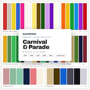 Peut inclure: Un ensemble numérique de huit palettes de couleurs intitulées Carnival & Parade par Digisperse. L'image présente divers jeux d'échantillons de couleurs verticaux dans des tons variés, notamment rouge, jaune, bleu, vert, violet et neutre. Le texte indique les formats de fichiers PDF, PNG, SVG, ASE, ACO et .swatches.