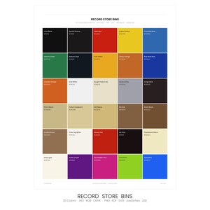 May include: A color palette titled "Record Store Bins" featuring 30 distinct colors. Each color is displayed in a square with its name and hexadecimal code. The palette includes shades of black, red, yellow, blue, green, orange, and more.
