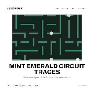 Puede incluir: Un gráfico digital que presenta un patrón continuo de trazos de circuito verde menta sobre un fondo verde bosque oscuro, acentuado con pequeños círculos verde menta. El texto dice DIGISPERSE, MINT EMERALD CIRCUIT TRACES, Seamless repeat, 5 file formats, Commercial use, PAT, PNG, JPG, SVG, PDF.