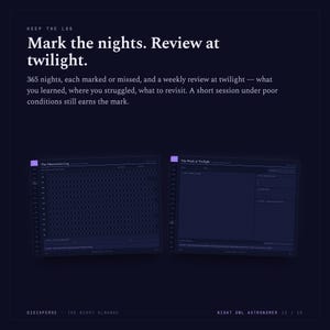 May include: A dark blue digital planner with white text titled Keep the Log, Mark the nights. Review at twilight. It features two pages: The Observation Log with a grid for 365 nights and The Week at Twilight with lined sections for notes.