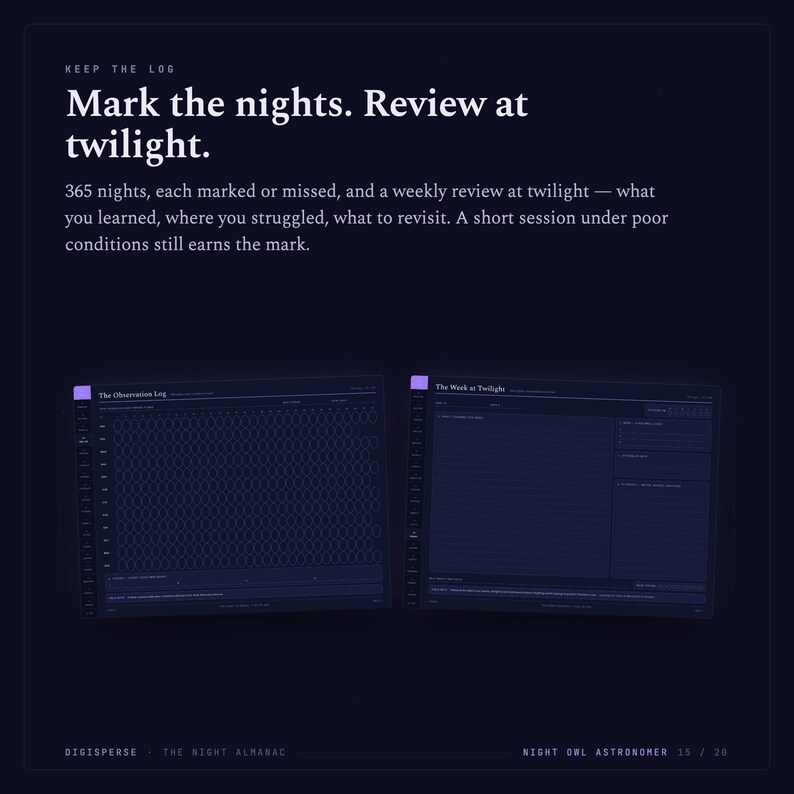 May include: A dark blue digital planner with white text titled Keep the Log, Mark the nights. Review at twilight. It features two pages: The Observation Log with a grid for 365 nights and The Week at Twilight with lined sections for notes.