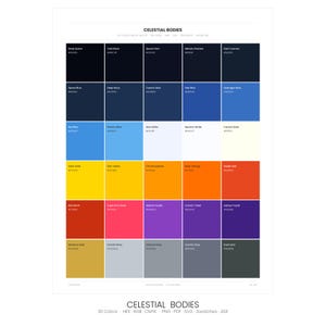 May include: A color palette titled "Celestial Bodies" featuring 30 colors, each in a small square with a name and hexadecimal code. Colors range from deep blues and blacks to vibrant yellows, oranges, and purples.