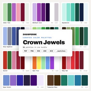 Può includere: Una collezione digitale di 11 palette di colori curate intitolata Crown Jewels di Digisperse. L'immagine mostra vari campioni tra cui Jewel Tone, Amethyst Cave, Aquamarine, Deep Sapphire, Garnet, Opal Fire, Ruby Red, Deep Violet e Turquoise Mesa, con i formati di file PDF, PNG, SVG, ASE, ACO e .swatches elencati.