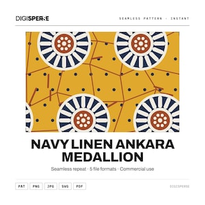 May include: A seamless pattern design titled NAVY LINEN ANKARA MEDALLION featuring a mustard yellow background with dark blue dots, thin brown lines, and repeating circular medallions with dark blue rays and a central terracotta circle.