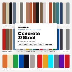 Può includere: Un pacchetto digitale di otto palette di colori curate intitolato Concrete & Steel di Digisperse. La collezione include vari campioni rettangolari in tonalità di rosso, arancione, giallo, verde, blu, viola, nero, bianco e grigio. Formati file: PDF, PNG, SVG, ASE, ACO e .swatches.