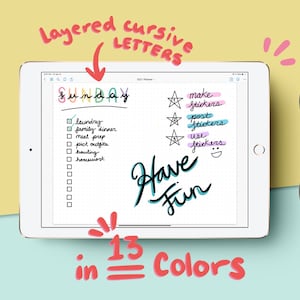 May include: A digital tablet screen displaying a to-do list for Sunday with the words "Sunday" written in layered cursive letters. The list includes tasks such as laundry, family dinner, meal prep, and homework. The screen also shows a note that says "Have Fun" written in cursive letters and a list of instructions for making stickers. The text at the bottom of the screen says "13 in 3 Colors".