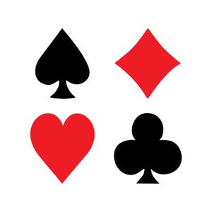 Peut inclure: Quatre enseignes de cartes à jouer : un pique noir, un carreau rouge, un cœur rouge et un trèfle noir, sur fond blanc. Ces enseignes sont couramment utilisées dans les jeux de cartes.