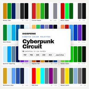 May include: A digital collection of 12 curated color palettes titled Cyberpunk Circuit by Digisperse. Each palette features six distinct color swatches. The central text displays the bundle name, file formats including PDF, PNG, SVG, ASE, ACO, and .swatches, and the total count of palettes included in this set.