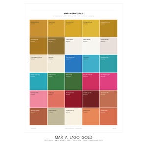 May include: A color palette titled "MAR-A-LAGO GOLD" featuring 30 color swatches. The swatches include shades of gold, brown, blue, pink, and red. Text at the bottom indicates the palette includes HEX, RGB, CMYK, PNG, PDF, SVG, and ASE formats.