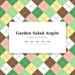 May include: A seamless repeating argyle pattern featuring a grid of diamonds in shades of green, yellow, brown, pink, and white. A white rectangular overlay displays the text Garden Salad Argyle, Seamless Repeating Pattern, PNG, JPG, SVG, PDF, PAT, 12 x 12 in, 3600 x 3600 px, 300 DPI.