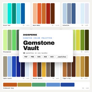 Può includere: Un pacchetto digitale intitolato Digisperse Gemstone Vault contenente dieci palette di colori curate. La collezione include vari campioni in tonalità verde acqua, ambra, blu, verde e marrone, con formati di file PDF, PNG, SVG, ASE, ACO e .swatches.