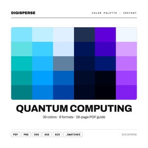 May include: A digital color palette titled DIGISPERSE QUANTUM COMPUTING featuring a grid of 30 squares in shades of cyan, blue, navy, purple, and white. Text includes 30 colors, 6 formats, 28-page PDF guide, and file types PDF, PNG, SVG, ASE, ACO, .SWATCHES.