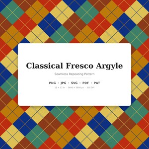 May include: A seamless repeating argyle pattern featuring a diamond grid in red, blue, green, and yellow with thin gold lines. A white rectangular overlay displays the text Classical Fresco Argyle, Seamless Repeating Pattern, PNG, JPG, SVG, PDF, PAT, 12 x 12 in, 3600 x 3600 px, 300 DPI.