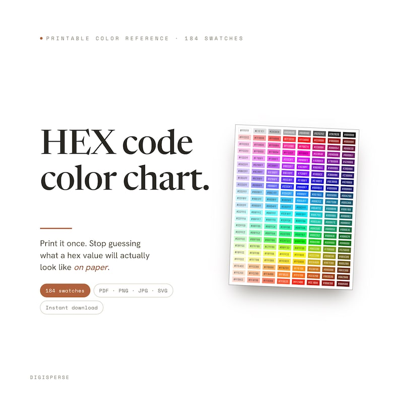 HEX Code Color Chart - Printable Designer Quick Reference Cheat Sheet for Color Correction image 1