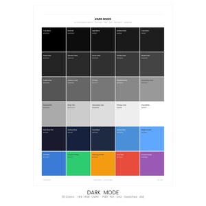 以下が含まれることがあります： 「DARK MODE」と題されたカラーパレットで、30色の見本があります。パレットには、黒、グレー、青、緑、琥珀色、赤、紫の色合いが含まれています。画像には、HEX、RGB、CMYKなどの形式でのカラーコードも表示されています。