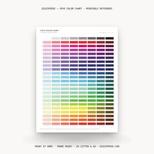 May include: A CMYK colour chart printable reference sheet titled DIGISPERSE. The document displays a grid of rectangular colour swatches ranging from light to dark shades, including pinks, purples, blues, greens, yellows, oranges, and reds.