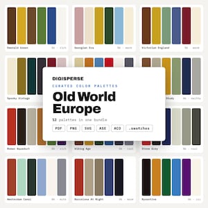 以下が含まれることがあります： Digisperse Curated Color Palettes Old World Europeというタイトルのデジタル製品バンドル。Emerald Green、Georgian Era、Victorian England、Spooky Vintage、Roman Aqueduct、Byzantineなどの名前が付いた12種類のカラーパレットが含まれています。