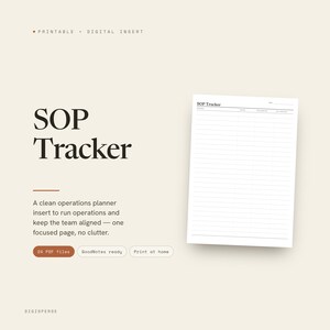 May include: A digital SOP Tracker printable insert featuring a clean, white layout with black text. The page includes a header labelled SOP Tracker, a date line, and a structured table with columns for process, owner, description, and last updated status.