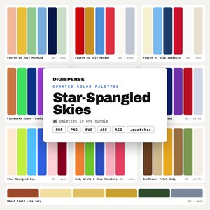 以下が含まれることがあります： Digisperseによる「Star-Spangled Skies」と題された10種類の厳選されたカラーパレットのデジタルバンドル。画像には、赤、青、黄、緑、ニュートラルカラーなど、さまざまな色合いの垂直カラーバーのセットと、ファイル形式のアイコンが表示されています。