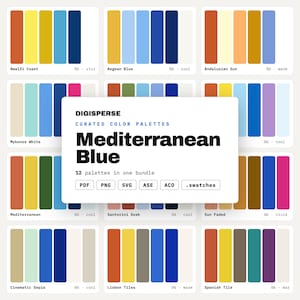 May include: A digital collection of 12 curated color palettes titled Mediterranean Blue by Digisperse. The display features various rectangular swatches in shades of blue, yellow, orange, green, and pink, with file formats PDF, PNG, SVG, ASE, ACO, and .swatches listed.