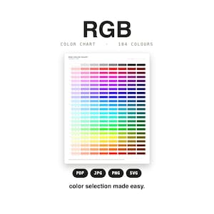 May include: An RGB colour chart featuring 184 distinct colour swatches arranged in a grid. The text reads RGB COLOUR CHART - 184 COLOURS at the top, with PDF, JPG, PNG, and SVG icons below, and the phrase colour selection made easy. at the bottom.