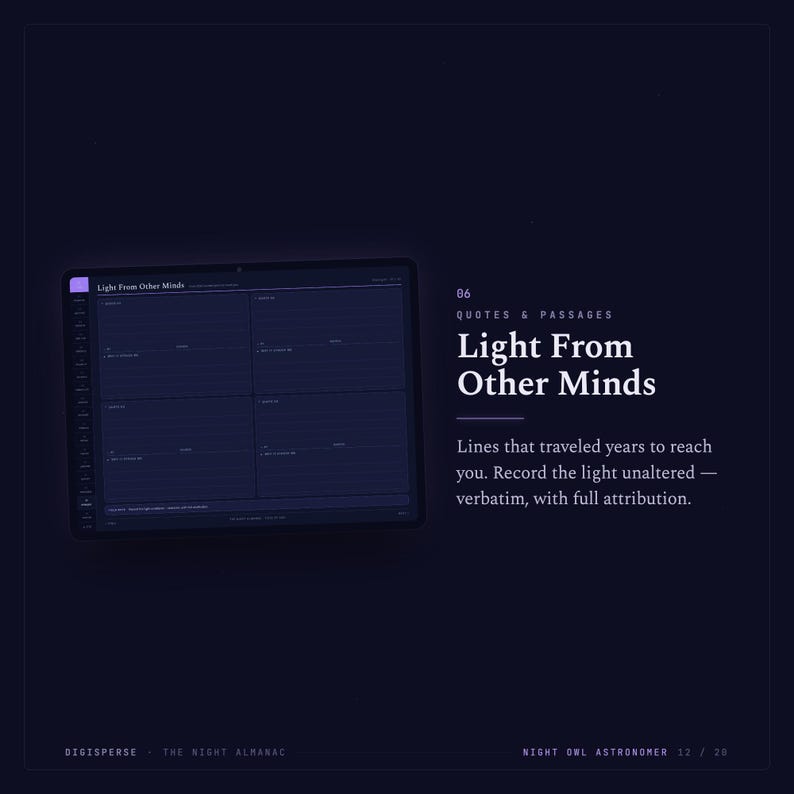 May include: A dark blue digital planner page titled Light From Other Minds, featuring a four-quadrant layout for quotes and passages. The text reads: 06 QUOTES & PASSAGES Light From Other Minds. Lines that traveled years to reach you. Record the light unaltered &mdash; verbatim, with full attribution. DIGISPERSE - THE NIGHT ALMANAC. NIGHT OWL ASTRONOMER 12 / 20.