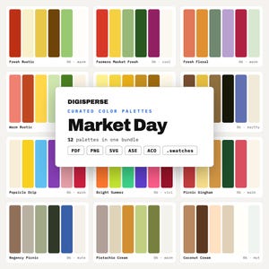 May include: A digital collection of 12 curated color palettes titled Market Day by Digisperse. The graphic displays various rectangular color swatches in diverse hues, including red, yellow, green, blue, and brown, with file format labels PDF, PNG, SVG, ASE, ACO, and .swatches.