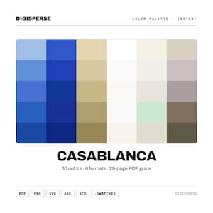 Puede incluir: Una paleta de colores digital titulada CASABLANCA de DIGISPERSE, que presenta una cuadrícula de 30 muestras de color distintas que van desde tonos azules, bronceados, blancos y marrones. El gráfico incluye texto que indica 30 colores, 6 formatos y una guía PDF de 28 páginas.