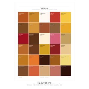 Könnte beinhalten: Eine Farbpalette namens "Harvest Pie" mit 30 Farben, darunter "Cinnamon Spice", "Caramel Swirl" und "Apple Red". Die Palette enthält Farbcodes und ist für die digitale Nutzung konzipiert, mit Optionen für HEX, RGB, CMYK, PNG, PDF, SVG, Swatches und ASE.