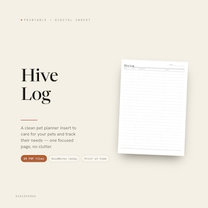 May include: A digital printable Hive Log planner insert featuring a white page with black lines, headers for date, time, activity, and notes, and the text Hive Log. The layout includes labels for 24 PDF files, GoodNotes ready, and Print at home.