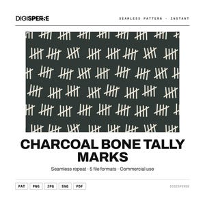 Peut inclure: Un motif répétitif composé de marques de pointage blanc cassé disposées par groupes de cinq sur un fond gris anthracite. Le texte DIGISPERSE, SEAMLESS PATTERN, INSTANT et CHARCOAL BONE TALLY MARKS est visible avec les formats de fichiers.