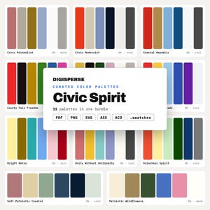 Puede incluir: Una colección digital de 11 paletas de colores curadas titulada Civic Spirit de Digisperse. El paquete incluye varias muestras de color en formatos PDF, PNG, SVG, ASE, ACO y .swatches, con combinaciones de tonos rojos, azules, verdes y neutros.