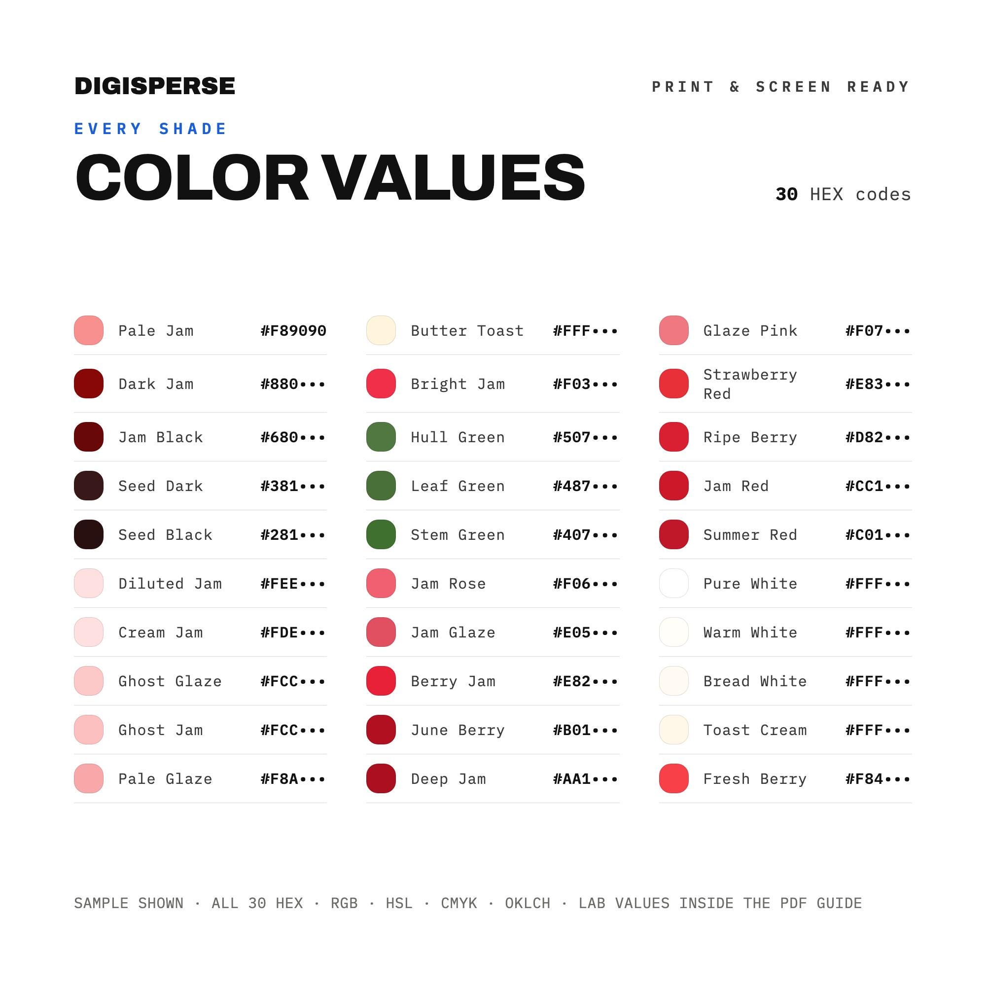 Strawberry Jam Color Palette | 30 Colors | Hex RGB CMYK | Color Guide ...