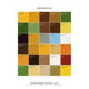 Può includere: Una tavolozza di colori intitolata "Sunflower Patch July" con 30 campioni di colore. La tavolozza include sfumature di giallo, verde, marrone e blu. Il testo in basso indica i codici colore e i tipi di file.