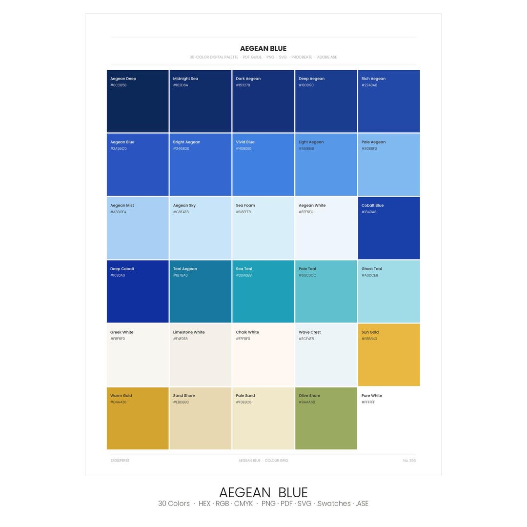 Aegean Blue Color Palette | 30 Colors | Hex RGB CMYK | Color Guide ...